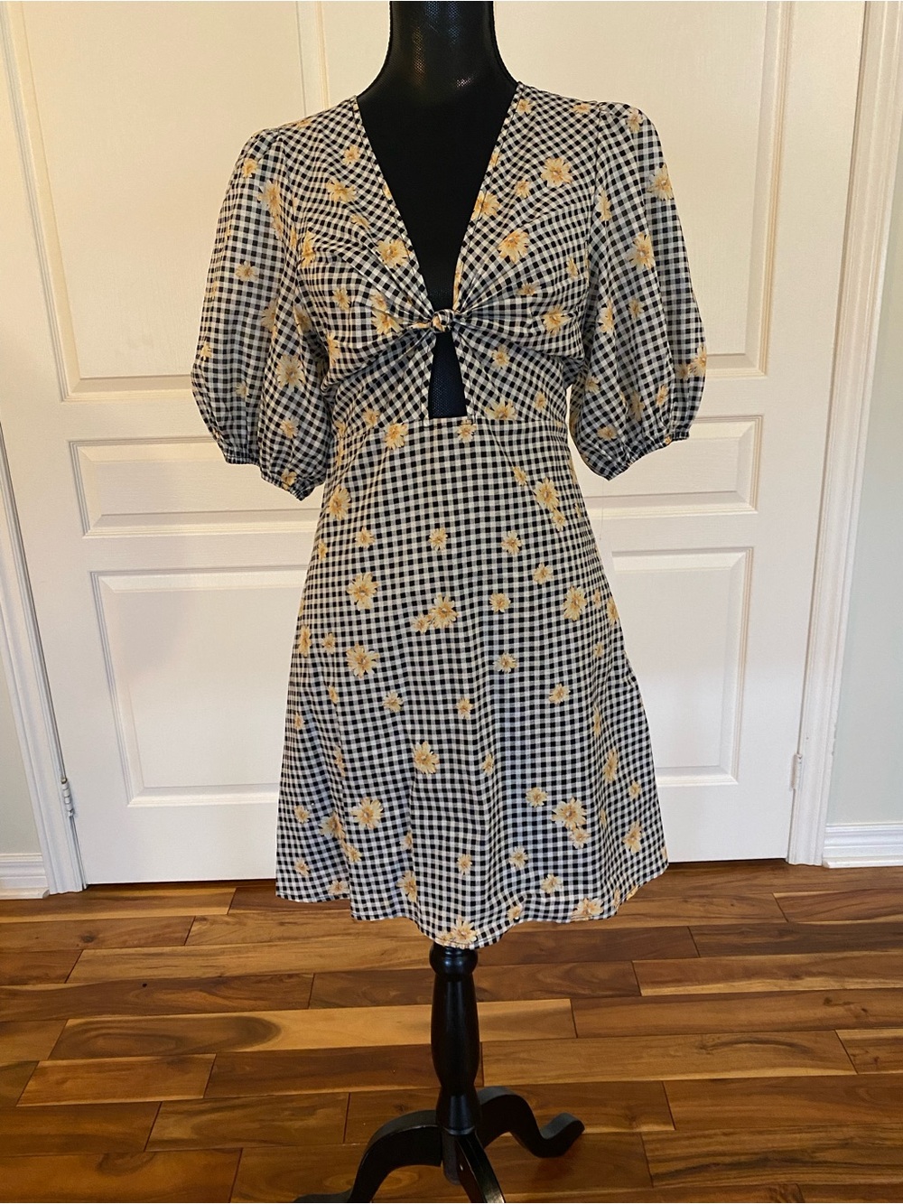 Black & White Gingham Tie-Front Dress with Yellow Floral Accents
